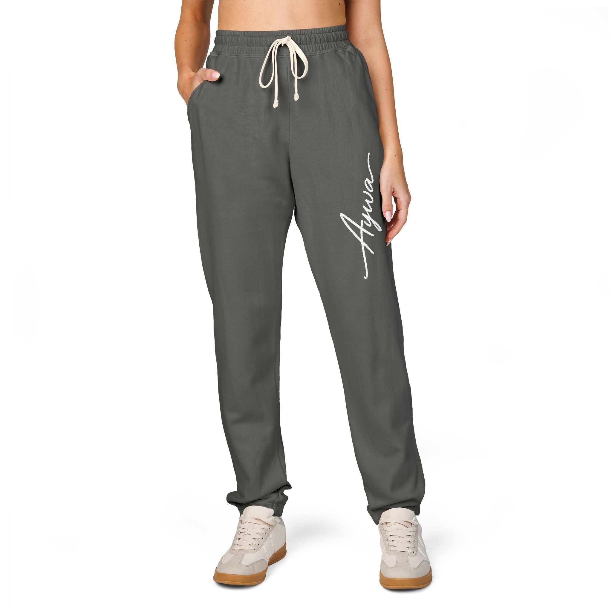 Aywa Joggers — "Amor" Script Graphic Fleece Sweatpants