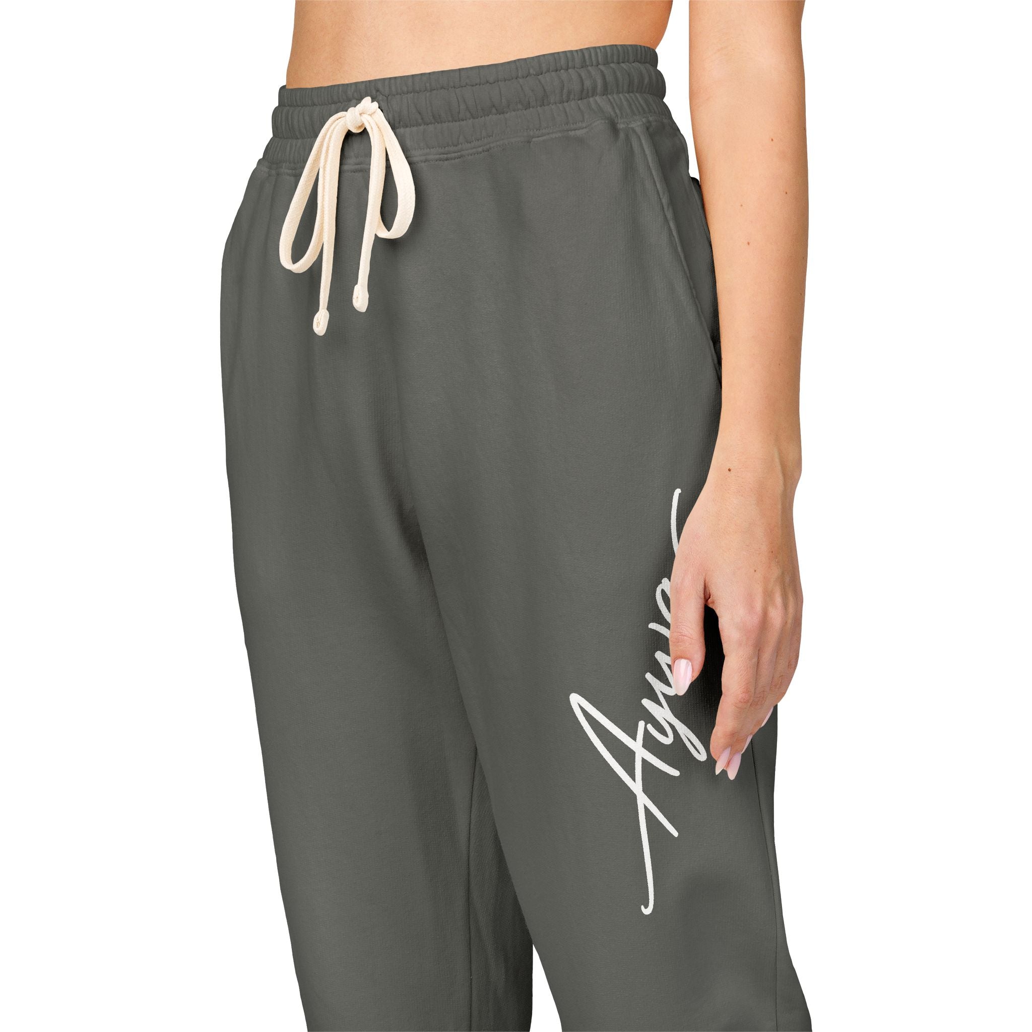 Aywa Joggers — "Amor" Script Graphic Fleece Sweatpants